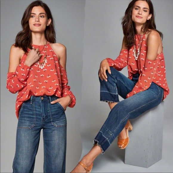 Abercrombie Orange Floral Print Cold Shoulder Blouse - Picture 14 of 16